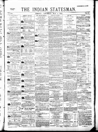 cover page of Indian Statesman published on May 4, 1872