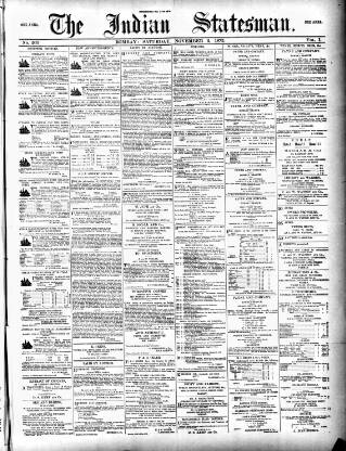cover page of Indian Statesman published on November 2, 1872