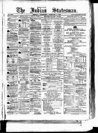 cover page of Indian Statesman published on February 2, 1876