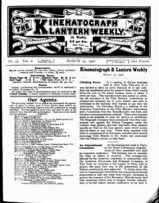cover page of Kinematograph Weekly published on March 19, 1908