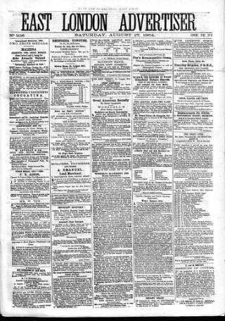 cover page of East London Advertiser published on August 27, 1864