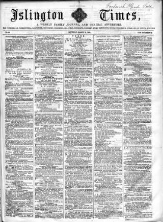cover page of Islington Times published on March 19, 1859
