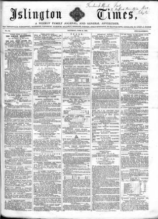 cover page of Islington Times published on June 18, 1859