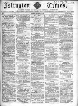 cover page of Islington Times published on September 17, 1859