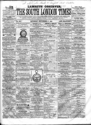 cover page of South London Times and Lambeth Observer published on September 17, 1859