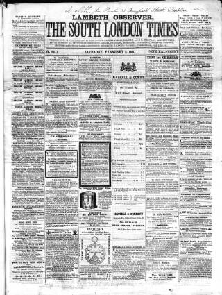 cover page of South London Times and Lambeth Observer published on February 2, 1861