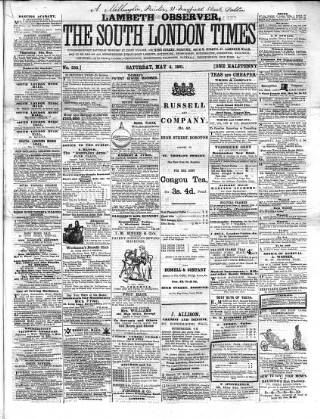 cover page of South London Times and Lambeth Observer published on May 4, 1861