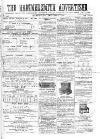 cover page of Hammersmith Advertiser published on August 2, 1862