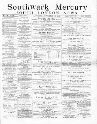cover page of Southwark Mercury published on September 17, 1881