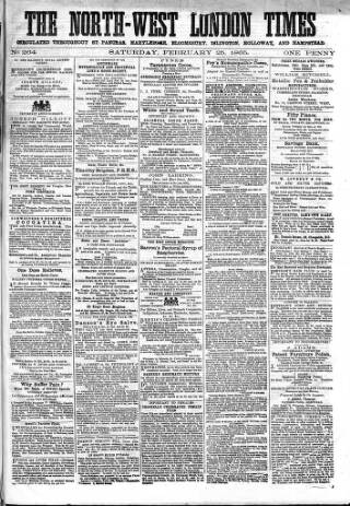 cover page of North-West London Times published on February 25, 1865