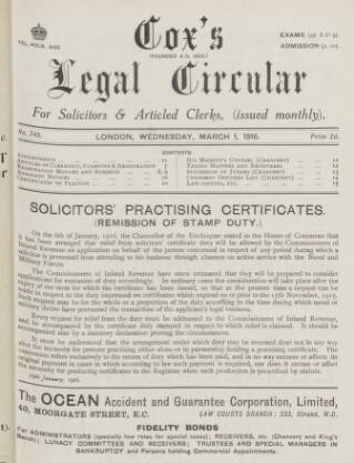 cover page of Cox's Legal Circular published on March 1, 1916