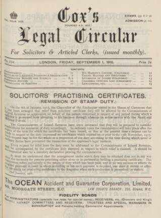 cover page of Cox's Legal Circular published on September 1, 1916
