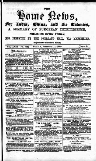 cover page of Home News for India, China and the Colonies published on September 17, 1869