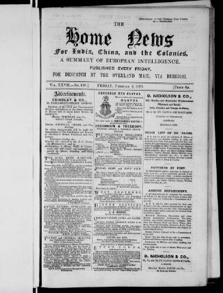 cover page of Home News for India, China and the Colonies published on February 2, 1872