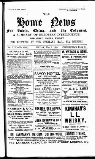 cover page of Home News for India, China and the Colonies published on May 2, 1890