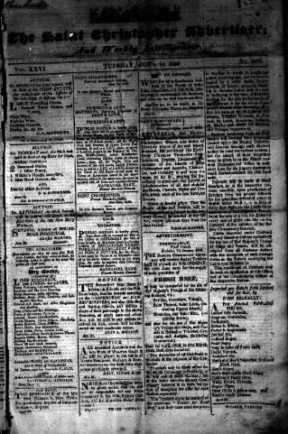 cover page of Saint Christopher Advertiser and Weekly Intelligencer published on June 18, 1839