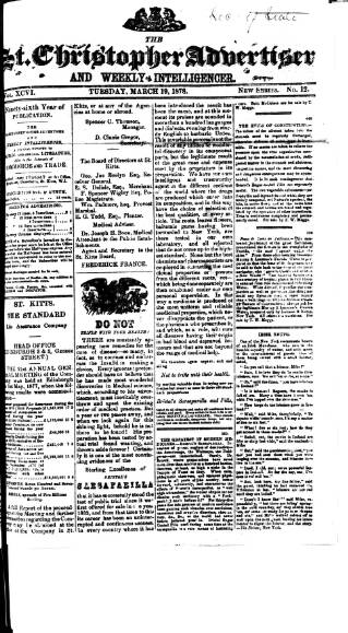 cover page of Saint Christopher Advertiser and Weekly Intelligencer published on March 19, 1878