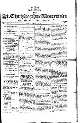 cover page of Saint Christopher Advertiser and Weekly Intelligencer published on June 18, 1878