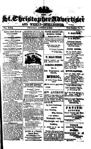 cover page of Saint Christopher Advertiser and Weekly Intelligencer published on August 2, 1881
