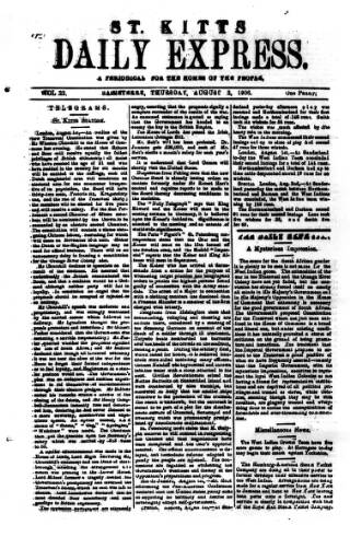 cover page of St. Kitts Daily Express published on August 2, 1906