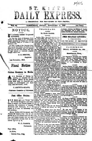 cover page of St. Kitts Daily Express published on November 2, 1906