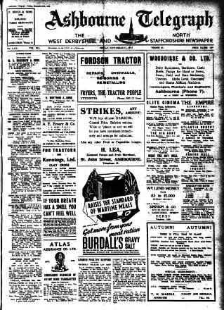 cover page of Ashbourne Telegraph published on September 17, 1943
