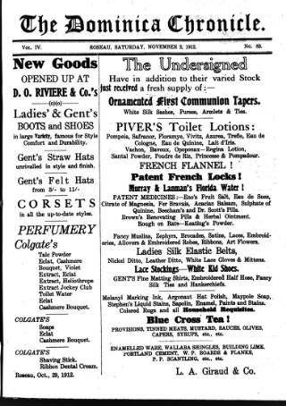 cover page of Dominica Chronicle published on November 2, 1912
