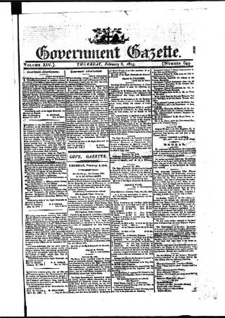 cover page of Government Gazette (India) published on February 2, 1815