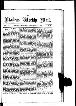 cover page of Madras Weekly Mail published on September 17, 1879