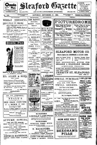 cover page of Sleaford Gazette published on September 17, 1921