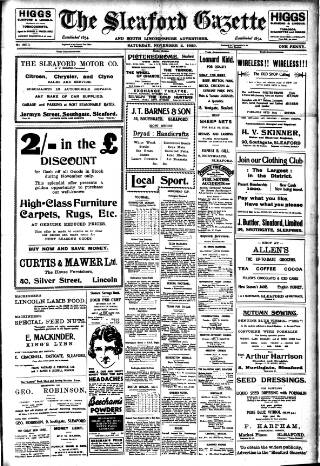 cover page of Sleaford Gazette published on November 2, 1929