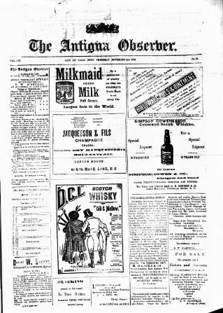 cover page of Antigua Observer published on November 2, 1899