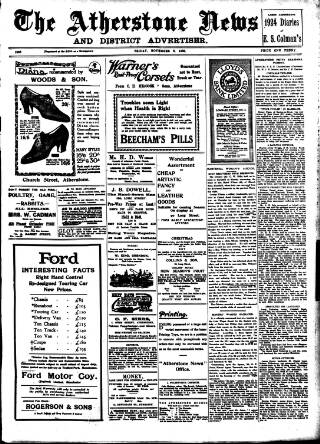 cover page of Atherstone News and Herald published on November 2, 1923
