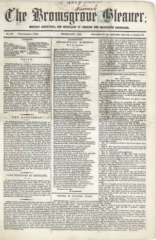 cover page of Bromsgrove Gleaner published on February 1, 1856