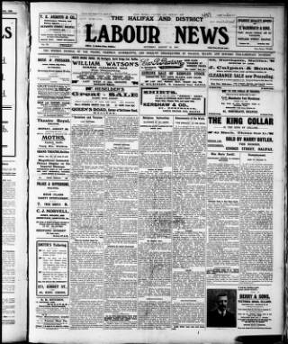 cover page of Halifax and District Labour News published on August 28, 1909