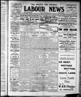 cover page of Halifax and District Labour News published on September 11, 1909