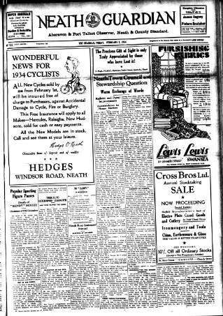 cover page of Neath Guardian published on February 2, 1934