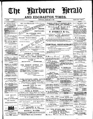 cover page of Harborne Herald published on February 2, 1889