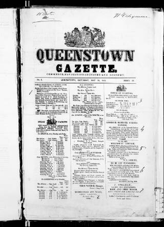 cover page of Queenstown Gazette published on May 10, 1851