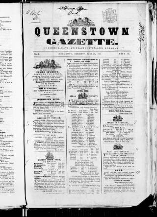 cover page of Queenstown Gazette published on June 21, 1851
