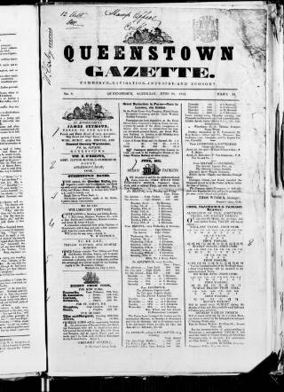 cover page of Queenstown Gazette published on June 28, 1851