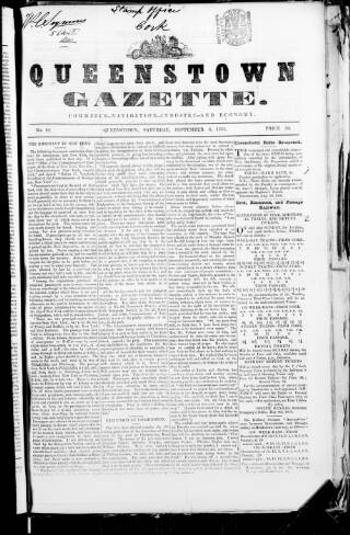 cover page of Queenstown Gazette published on September 6, 1851