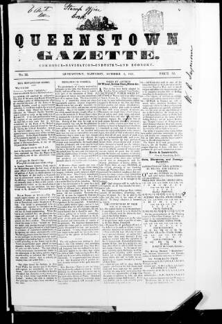 cover page of Queenstown Gazette published on October 4, 1851