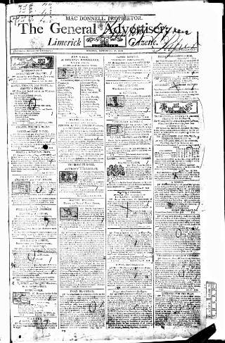 cover page of Limerick Gazette published on September 17, 1804