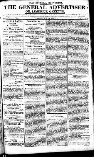 cover page of Limerick Gazette published on June 18, 1811
