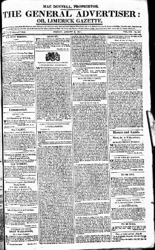 cover page of Limerick Gazette published on August 2, 1811