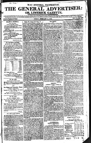 cover page of Limerick Gazette published on February 2, 1816