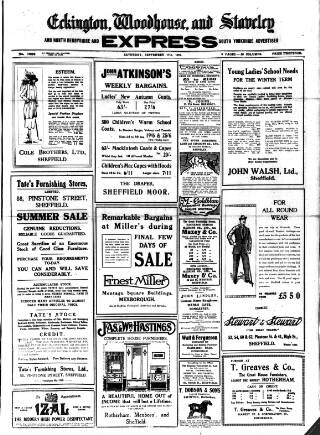 cover page of Eckington, Woodhouse and Staveley Express published on September 17, 1921