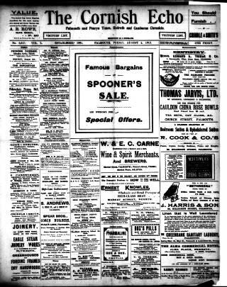 cover page of Cornish Echo and Falmouth & Penryn Times published on August 2, 1912