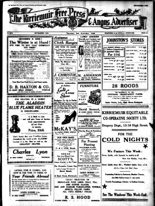cover page of Kirriemuir Free Press and Angus Advertiser published on November 2, 1939